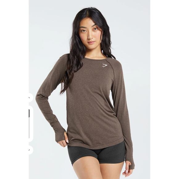 GymShark Vital Seamless 2.0 Light Long Sleeve Top Womens Large Brown Marl B4A8C - Picture 1 of 14